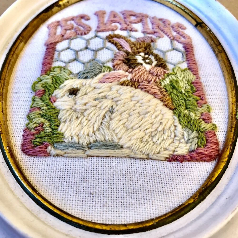 Vintage Long Needlepoint Bunny Rabbits Easter Wall Art Framed